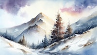 a watercolor painting of a snowy mountain landscape