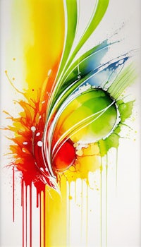 a colorful painting with paint splatters on a white background