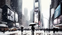 a painting of people walking in the snow