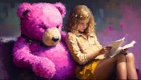 a painting of a girl reading a book with a pink teddy bear