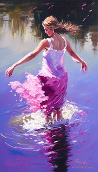 a painting of a woman in a pink dress in the water