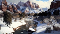 a winter scene with snowy mountains and a river