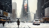 a painting of a woman walking through a snowy city