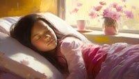 a painting of a girl sleeping in a bed