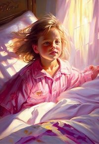 a painting of a little girl laying in bed