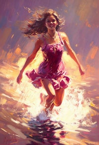 a painting of a girl running in the water