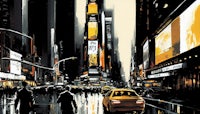 a painting of a city at night with a yellow taxi